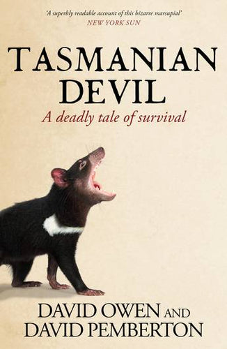 Book cover of 'Tasmanian Devil: A deadly tale of survival' with a Tasmanian devil illustration on a beige background.