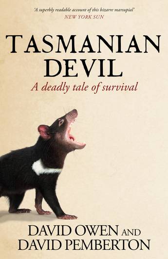 Book cover of 'Tasmanian Devil: A deadly tale of survival' with a Tasmanian devil illustration on a beige background.