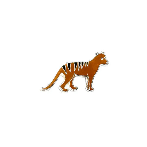 Enamel pin in the shape of a Thylacine, brown with black stripes on the Thylacine's back.