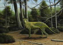 Load image into Gallery viewer, Painted image of green Thylacine in painted bush landscape.
