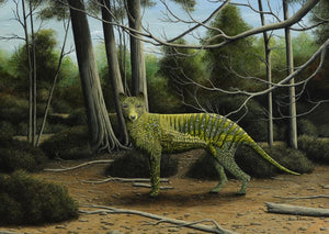 Painted image of green Thylacine in painted bush landscape.