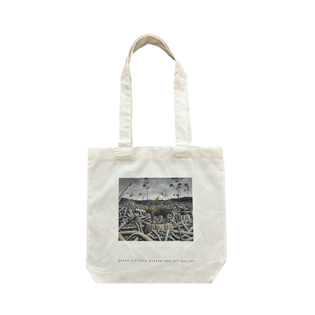 Tote bag with a thylacine standing in wood logs.