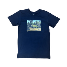 Load image into Gallery viewer, Black tee shirt with image of decorated green Thylacine in bush landscape.
