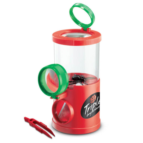 photograph of the green and red bug viewer with a spider in it and tweezers on the side.