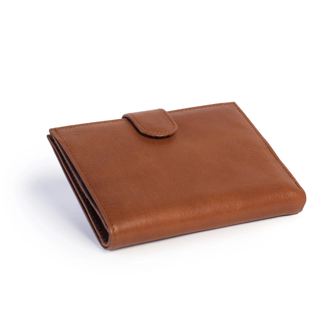 A tan leather wallet with a button fastener.