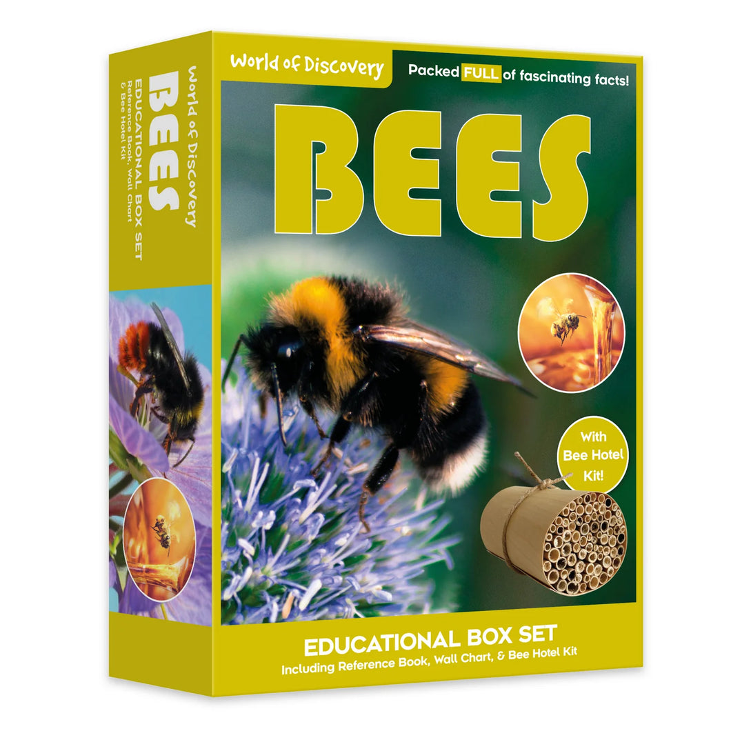 Educational box set about bees with images of bees and a bee hotel on a green background.