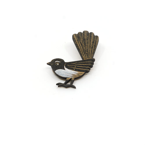 Willy Wagtail Fantail wooden bird brooch.