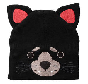 A black knitted beanie with a devil face and ears.