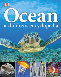 Beautiful children‘s book of photographic images of oceans and the creatures that live in them. Large sea turtle swimming in the blue sea on the cover.