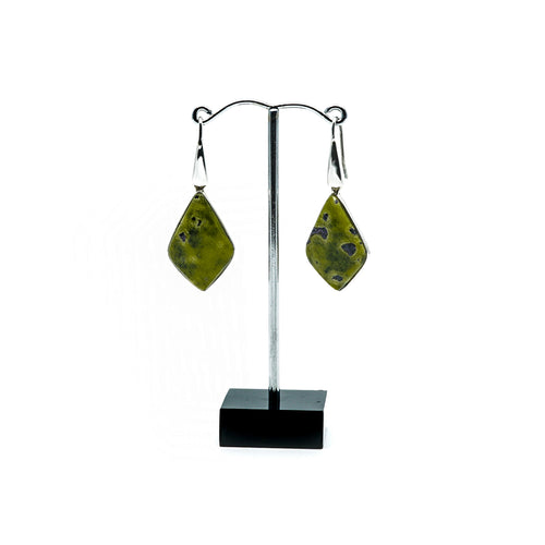 Green serpentine with purple stichtite diamond shaped silver drop earrings.s