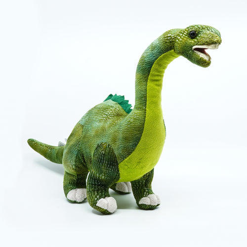 Plush green long necked dinosaur with mouth open