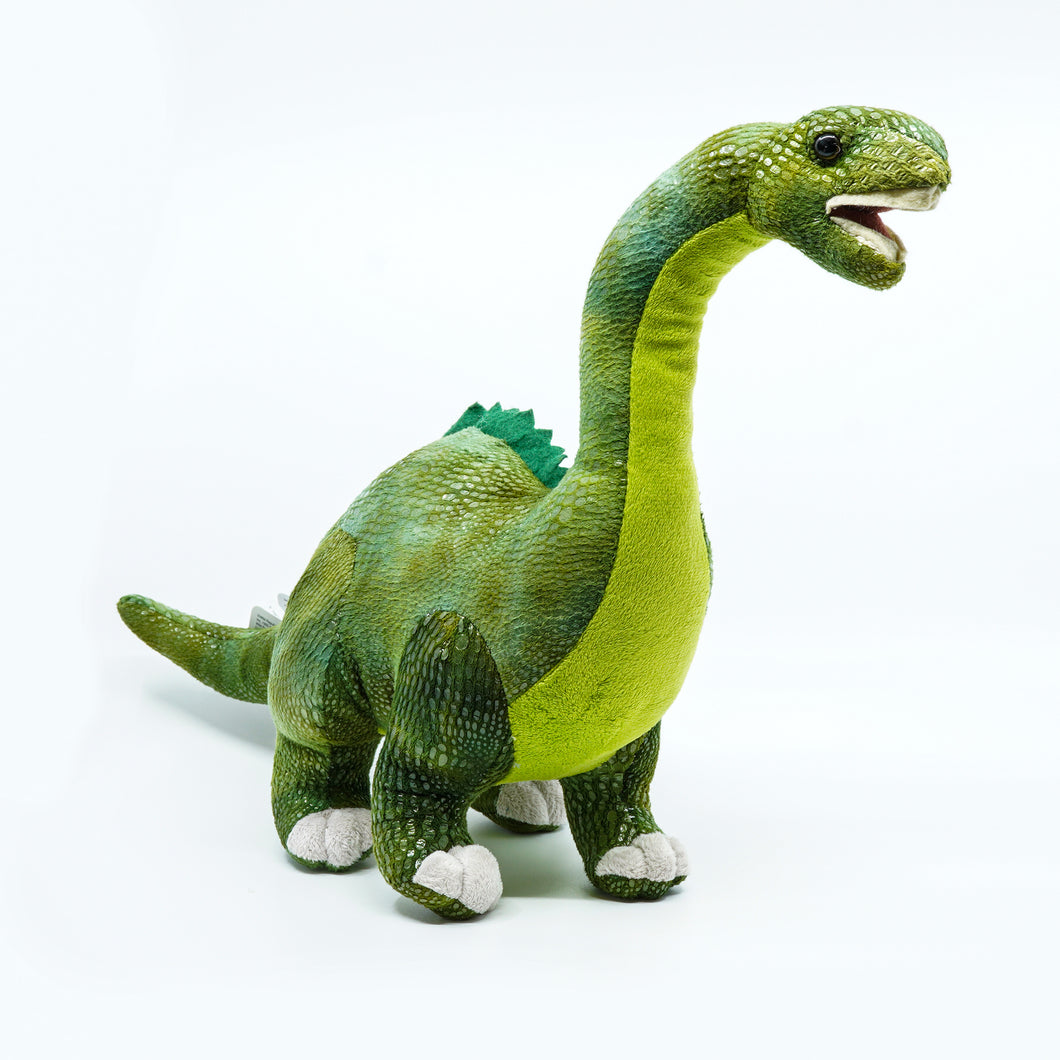 Plush green long necked dinosaur with mouth open
