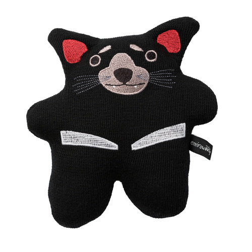 Knitted Tasmanian devil toy with embroided face .