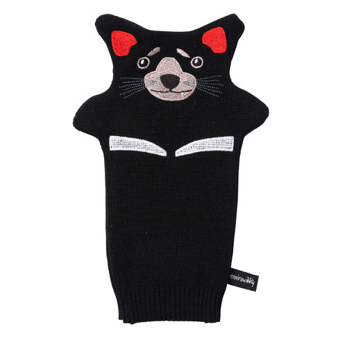 A knitted hand puppet with an embroided tasmanian devil face.