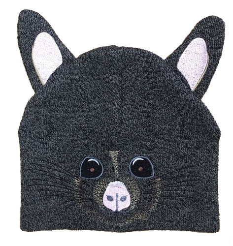 Knitted beanie with a possum face and ears.