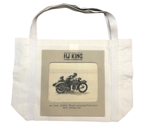 A tote bag with Miss Forbes on an Indian Scout, winning speed trials, Greens Beach, November 1926.