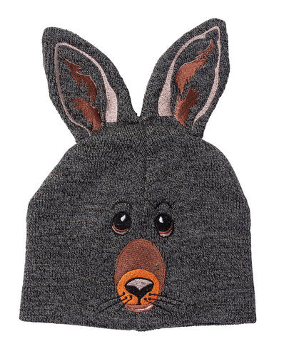 A knitted beanie with a kangaroo face and ears.