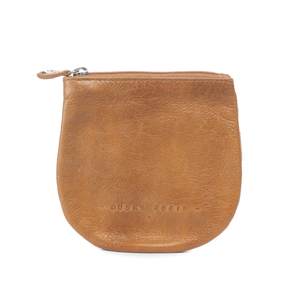 Tan leather coin purse.