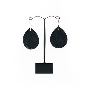 Black Leather tear drop earring with silver  hook.
