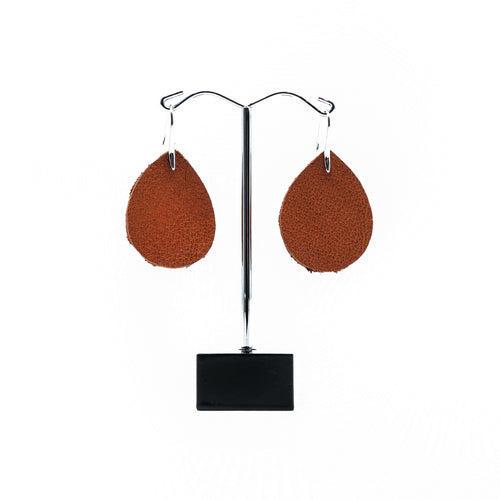 Brown leather tear drop earring with silver  hook.