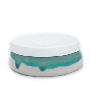 Green and white ceramic bowl with white silicone lid.
