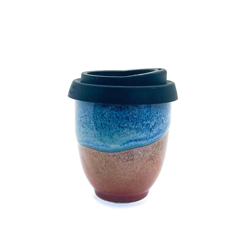 Ceramic handmade cup, blue and brown with black lid.