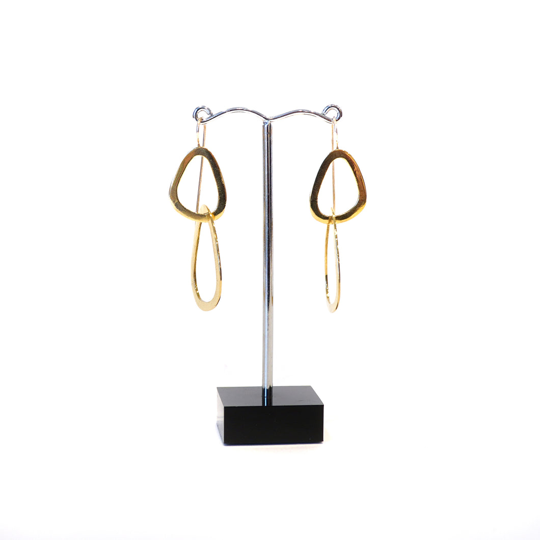 Double looped pebble shape dangle hook brass and silver earrings 