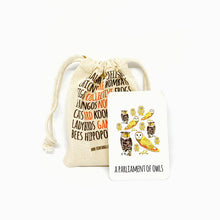 Load image into Gallery viewer, Calico bag with drawstring, and playing card with 12 illustrated owls.
