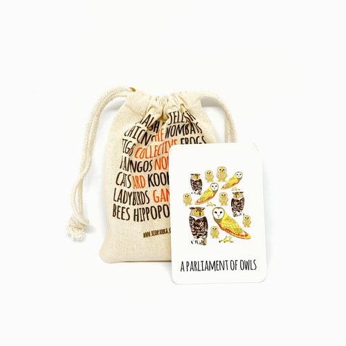 Calico bag with drawstring, and playing card with 12 illustrated owls.