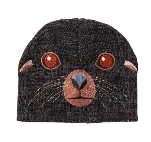 Dark brown knitted beanie with stiched seal pup face.