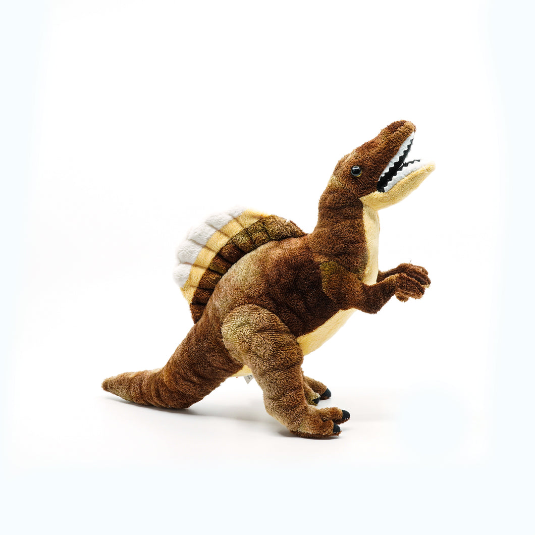 Plush small spinosaurus with smiley open mouth.