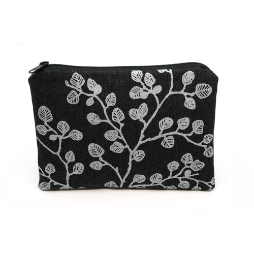 Dark grey fabric leaf oprint zip purse.