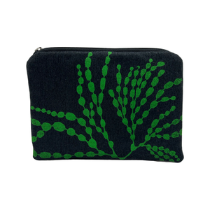 A material purse with a green plant and charcoal background.
