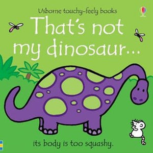 Illustrated large purple dinosaur with a tiny white mouse. 