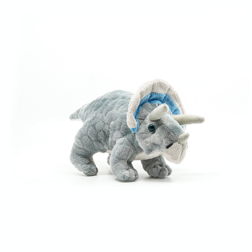 Grey and blue plush triceratops.