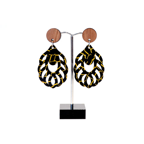 wood and acrylic dangle stud earrings, black and gold .