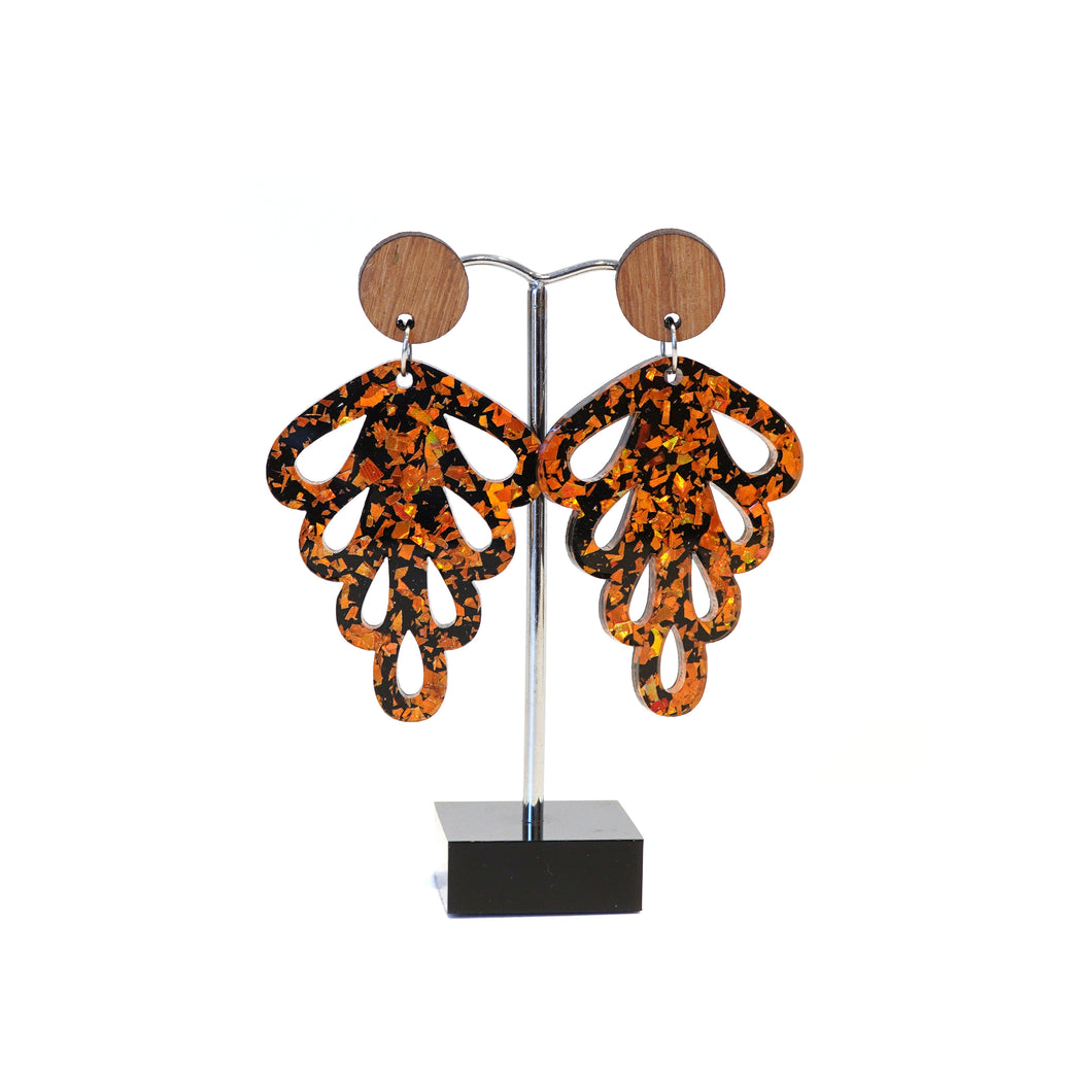 Copper and black acrylic, wooden disc stud drop earrings.