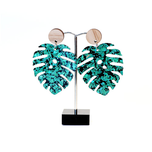 Emerald green and black acrylic leaf shape with wooden disk stud fitting. 