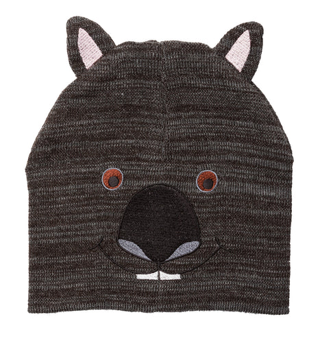 Knitted beanie with a wombat face and ears.