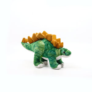 Plush green and brown Stegosaurus.