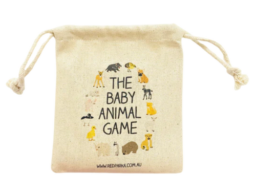 Calico drawstring bag with illustrated baby animals.