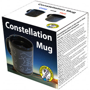 Boxed black mug picturing constellations.