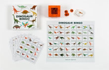 Load image into Gallery viewer, Illustrated dinosaurs bingo game board, cards and counters.
