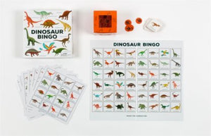 Illustrated dinosaurs bingo game board, cards and counters.