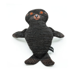 Plush seal made from knitted material with stitched features.