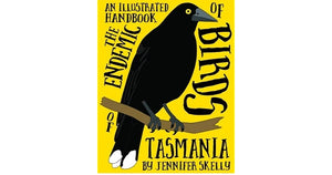 illustrated black currawong on yellow background.