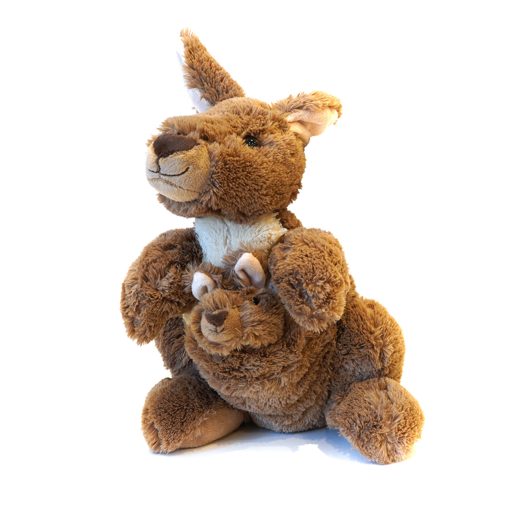 Cuddly plush brown kangaroo with removable joey in pouch.