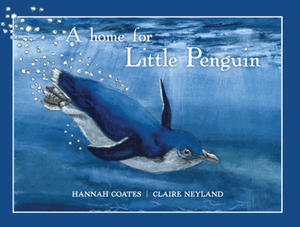 Illustrated little penguin swimming in blue ocean.