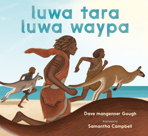 Illustration of three Tasmanian Aboriginal men and three kangaroos running on the beach.