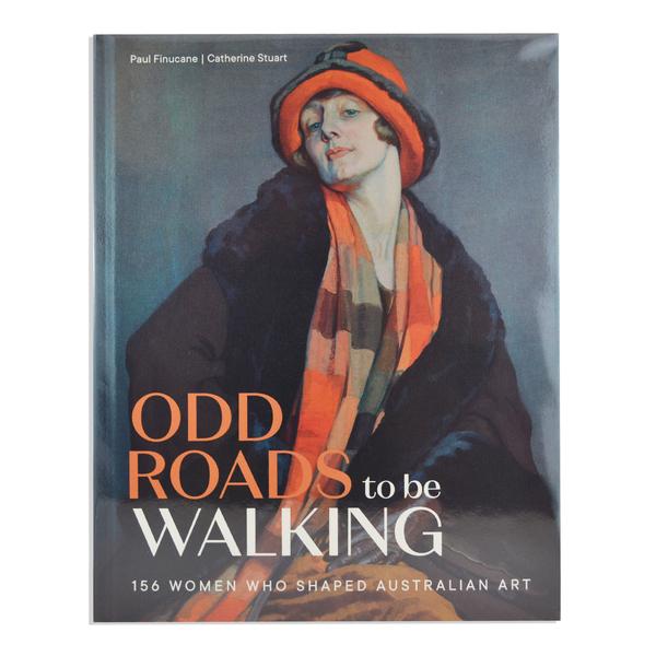 Oil painting 1920's woman in coat, hat, gloves and orange check scarf.